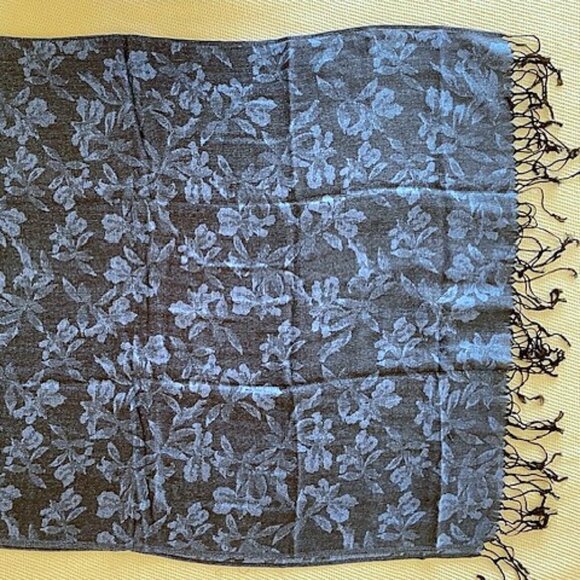 Elegant Navy Blue & Silver Floral Shawl Wrap - Rayon Blend w/ Metallic Shimmer - Picture 1 of 2